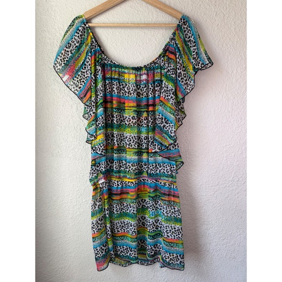 Jessica Simpson Swim Cover Up Boho Off Shoulder Leopard Stripe Medium - Picture 3 of 4